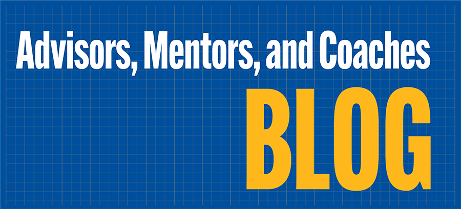 Blue background with a gold grid underlay behind the words Advisors, Mentors, and Coaches Blog.