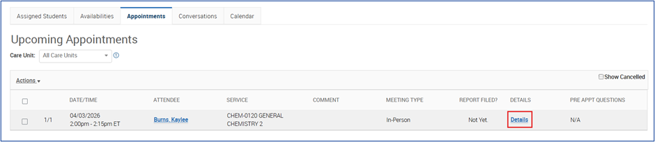 Staff Home page showing the "Appointments" tab. Under "Upcoming Appointments" a list of appointments is displayed, and the blue "Details" link for a selected appointment is highlighted.