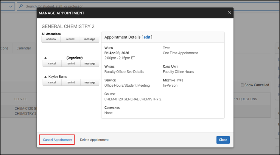"Manage Appointment" pop-up window displaying appointment details. The "Cancel Appointment" button is highlighted at the bottom left.