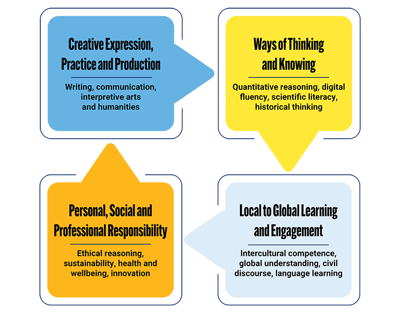 The four learning goals each occupying a block and pointing to the next block in the series. Text included in content below. 