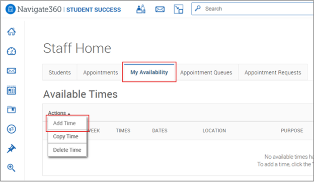 Staff Home page in Pathways with the My Availability tab selected and the Actions menu open showing Add Time.