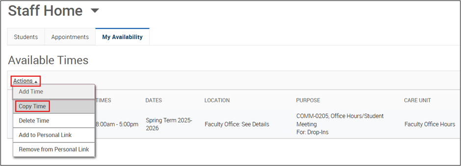 Staff Home page in Pathways with the My Availability tab selected and the Actions menu open showing Copy Time.