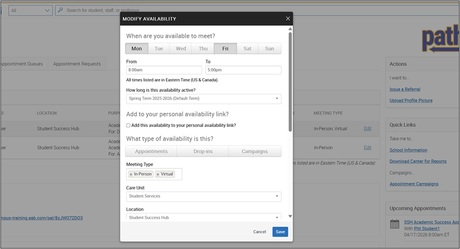 Add Availability window showing selectable days of the week, start and end times, term options, and meeting type (in-person/virtual).