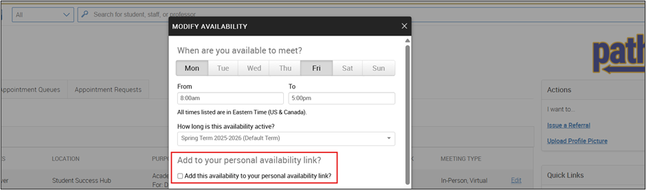 Add Availability window highlighting the checkbox labeled ‘Add to your personal availability link.’