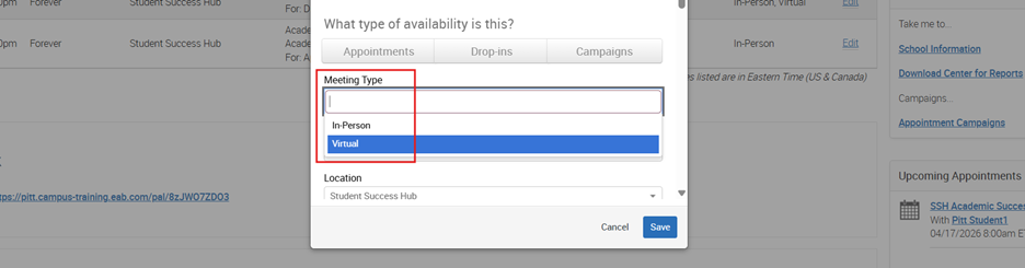 Add Availability window showing Meeting Type options with In Person and Virtual listed.