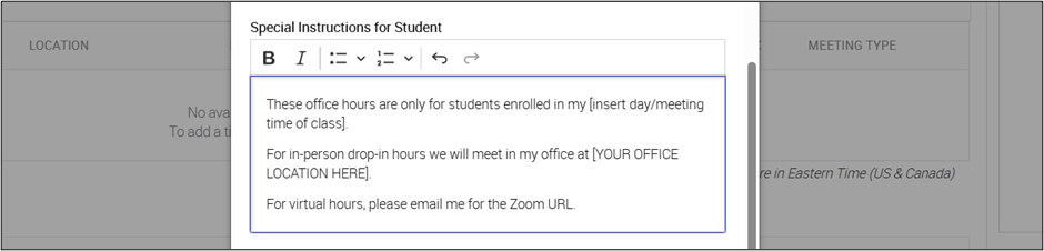 Screenshot of a text editor window showing special instructions for students regarding office hours.
