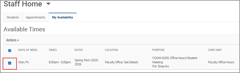 Staff Home page in Pathways with the My Availability tab selected and the checkbox next to your block of time selected.