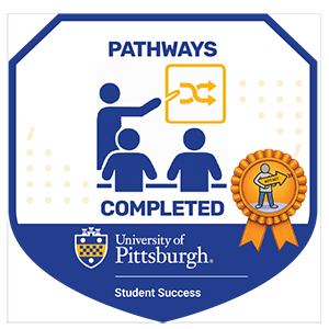 The Pathways badge includes a representation of an instructor at a board at the front of two seated students, and a gold ribbon. 