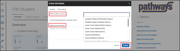A screenshot of the Issue Referral pop up box. Highlighted sections of the referral include: Please select a reason, Additional Comments, and the submit button at the bottom.