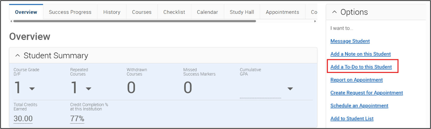 Student profile page showing the Options menu with the ‘Add a To‑Do to this Student’ action.