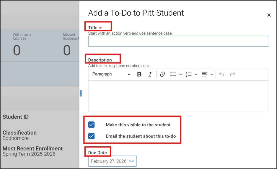 Add a To‑Do window displaying fields for title, description, visibility to student, email notification, and due date.