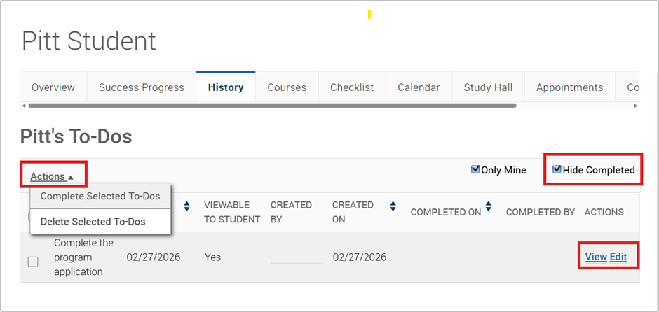 Student History tab showing a list of staff to-dos with options to mark complete, delete, view, or edit. The option to Hide Completed to-do items is selected.