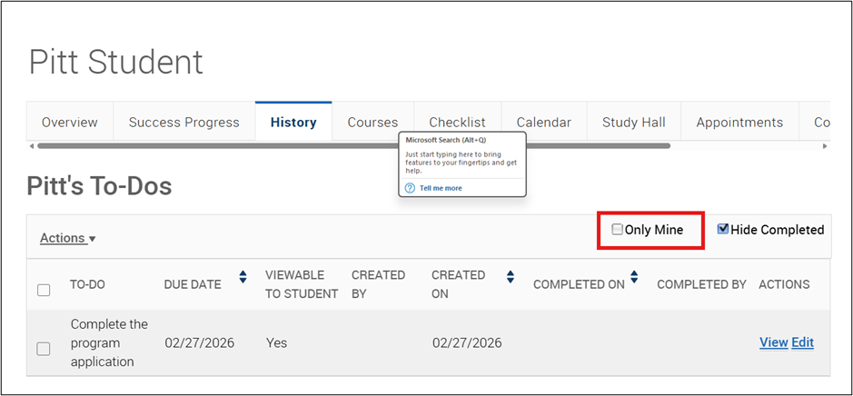 Student History tab displaying to-dos with filters for Only Mine and Hide Completed.