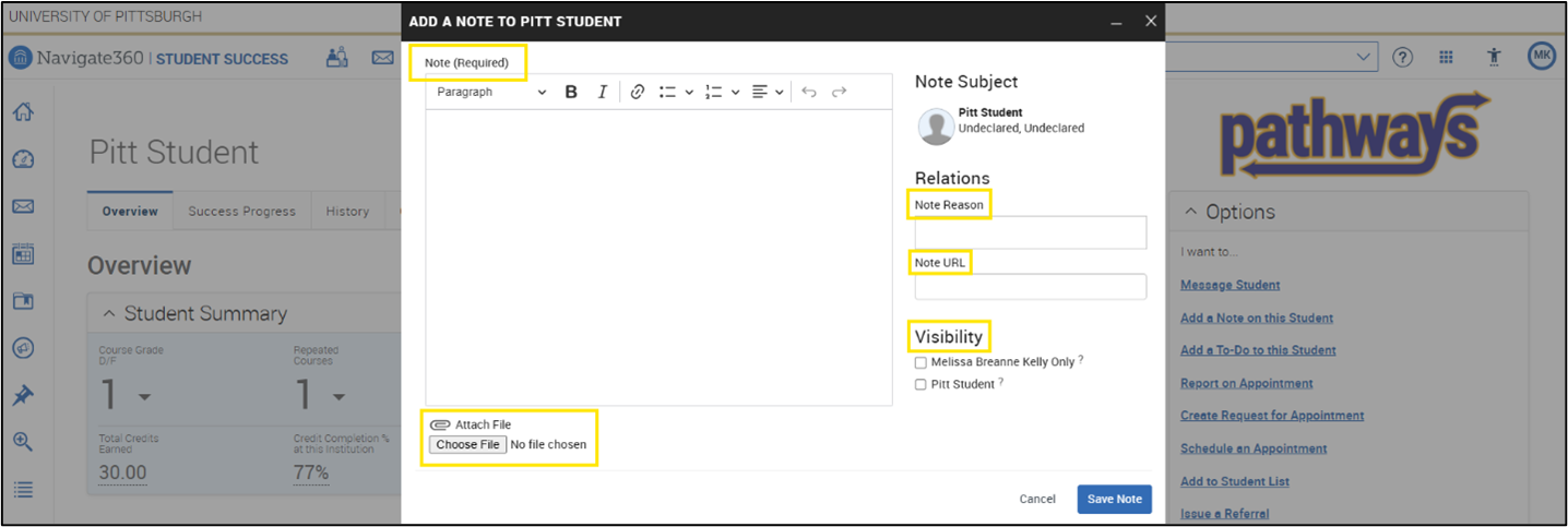 Screenshot of Pathways student profile showcasing the "Add a Note to Pitt Student" feature. Note sections highlighted include: Note body, Note reason, Note URL, Visibility and Attachments.
