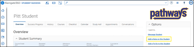 Screenshot of a student profile in Pathways. In the options container, the 'add a note on this student' button is highlighted.