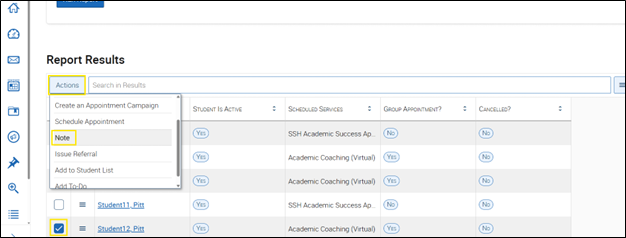 Screenshot of report results showing the Actions drop down menu highlighting the Note option.