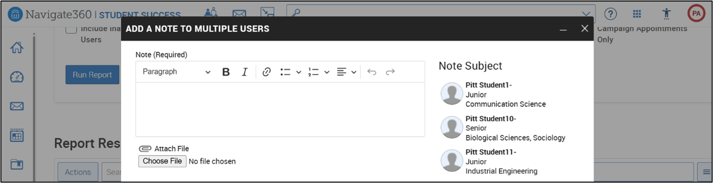 Screenshot of the 'add a note to multiple users' feature displaying the text box to type a note.
