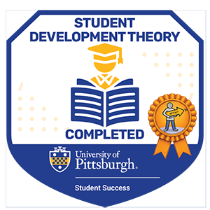 The Student Development Theory badge includes the University of Pittsburgh shield Student Success logo, an illustration of a student in a graduattion cap reading a book, and a gold ribbon. 