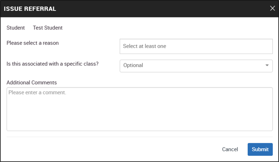 Screenshot of an “Issue Referral” form in Pathways used to select an academic or administrative referral reason. Open dropdown lists options including Academic Referral (Pittsburgh Campus), campus-specific referrals, international services, veterans services, and pre-health resources, with Cancel and Submit buttons below.