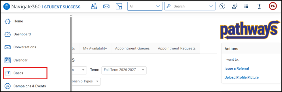 A screenshot from Pathways showing the left navigation menu with Cases icon highlighted, indicating where to view Cases.