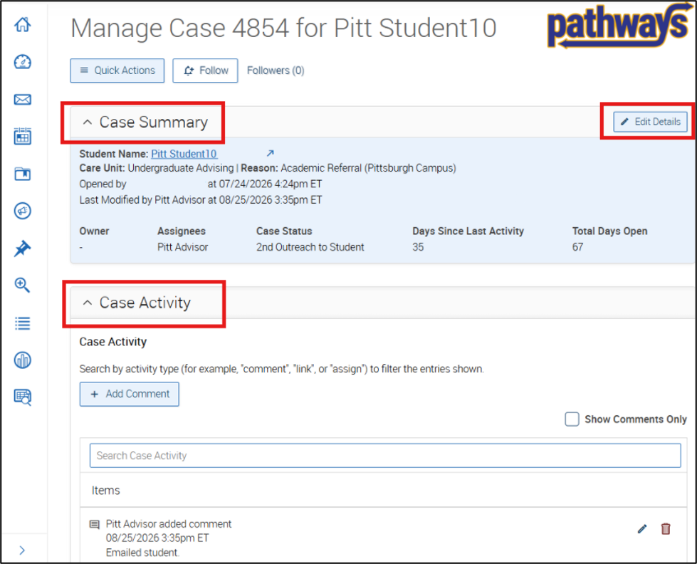 Image of the Case Details page with Case Summary, Case Activity, and Edit Details highlighted.