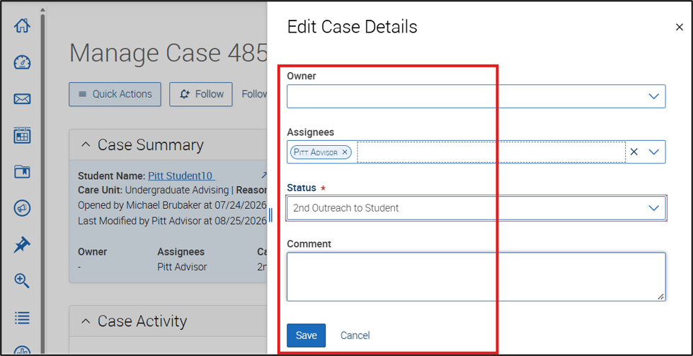 Image of the Edit Case Details panel highlighting the following sections: owner, assignees, status, comment and save button.