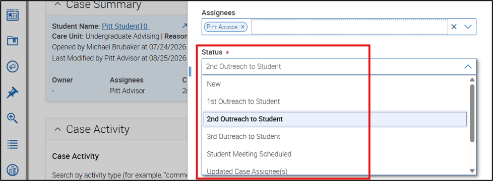 Edit Case Details panel highlighting the following interim case statuses: 1st Outreach to Student, 2nd Outreach to Student, 3rd Outreach to Student, Student Meeting Scheduled, Updated Case Assignee(s), and Extending Beyond 10 Days.