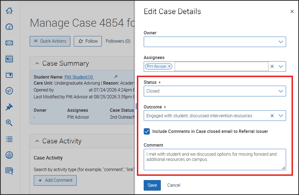 Image of the Edit Case Details panel showing a Closed status, an Outcome, a checkbox titled 'Include Comments in Case closed email to Referral Issuer', and Comments box.