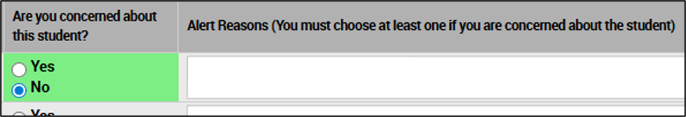 Example of a feedback form in which the "no" radio button is selected to indicate no concerns about a student. Alert Reason section is left blank.