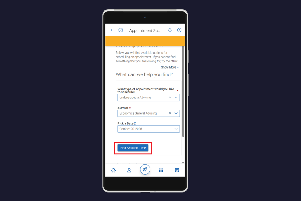 Screenshot of the New Appointment page, with the blue Find Available Time button highlighted.