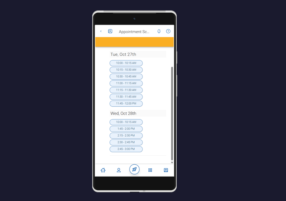 Screenshot of the Appointment Schedule page with available timeslots.