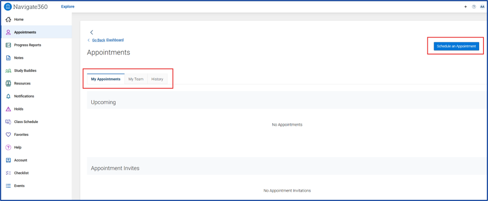 Screenshot of the Appointments page in Navigate360 Student desktop.