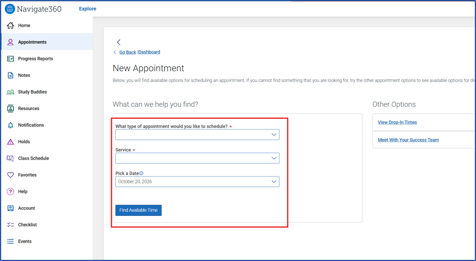 Screenshot of the New Appointment page in Navigate360 Student desktop, with the "What can we help you find?" section highlighted.