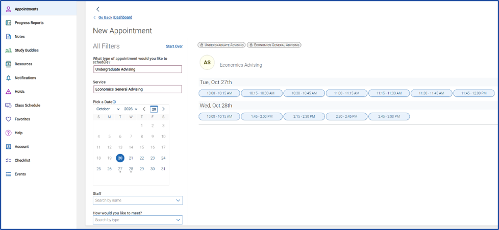 Screenshot of the New Appointment page in Navigate360 Student desktop, with the available time slots listed.
