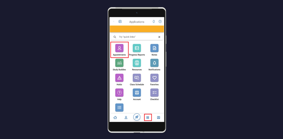 Screenshot of the Applications page in the Navigate360 Student app, with the purple Appointments icon highlighted.