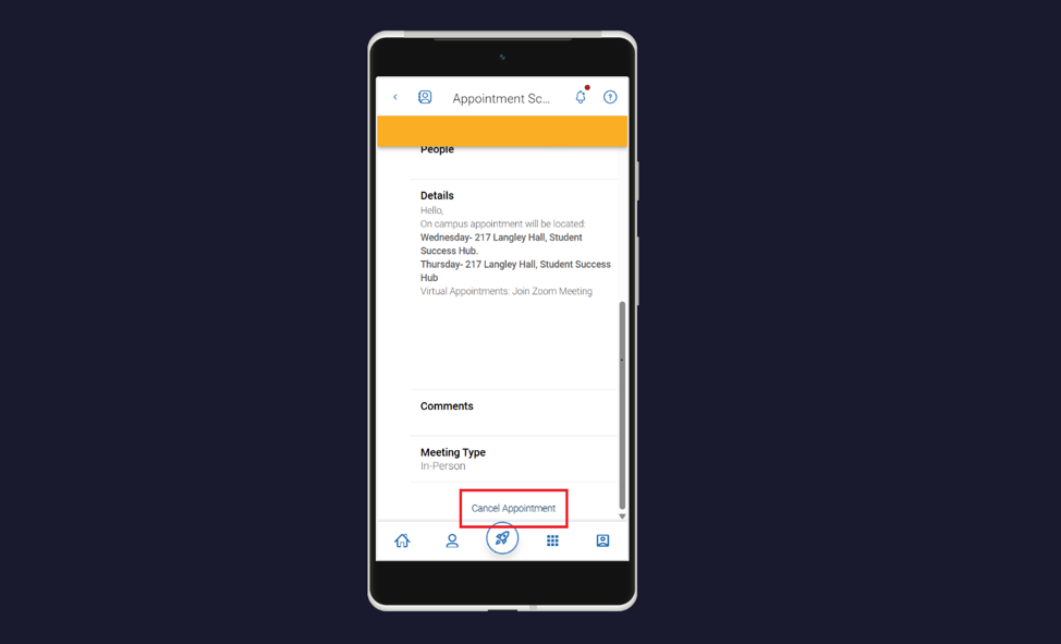 Screenshot of the Appointment Details page in the Navigate360 Student app, with the Cancel Appointment button highlighted at the bottom of the page.