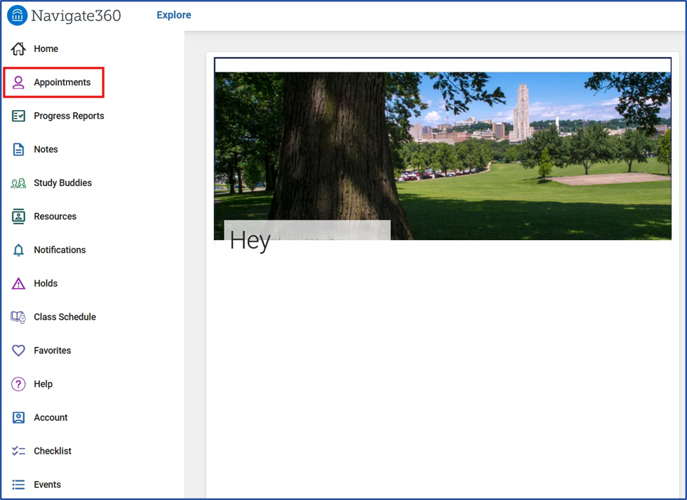 Screenshot of the Navigate360 Student Desktop site, with the Appointments option selected in the side-bar menu.