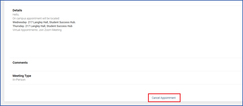 Screenshot of the Appointment Details page in Navigate360 desktop, with the Cancel Appointment button highlighted at the bottom of the page.