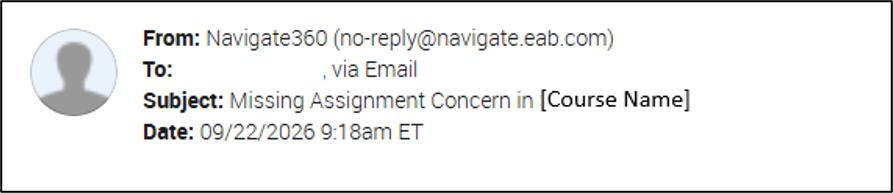 Email from Navigate360 with subject line: "Missing Assignment Concern in [Course Name]"