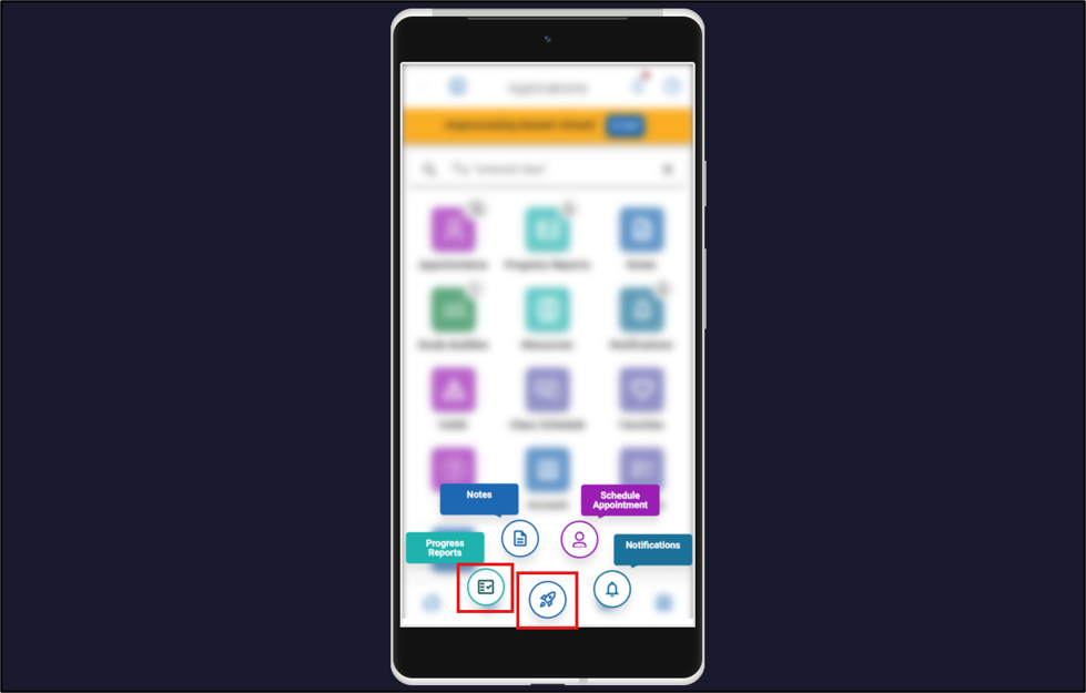 Navigate 360 Student mobile app home screen with quick actions menu highlighting the Progress Reports button.
