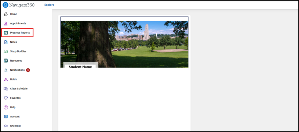 Navigate 360 Student Desktop home page highlighting the Progress Reports button on the left-hand menu.