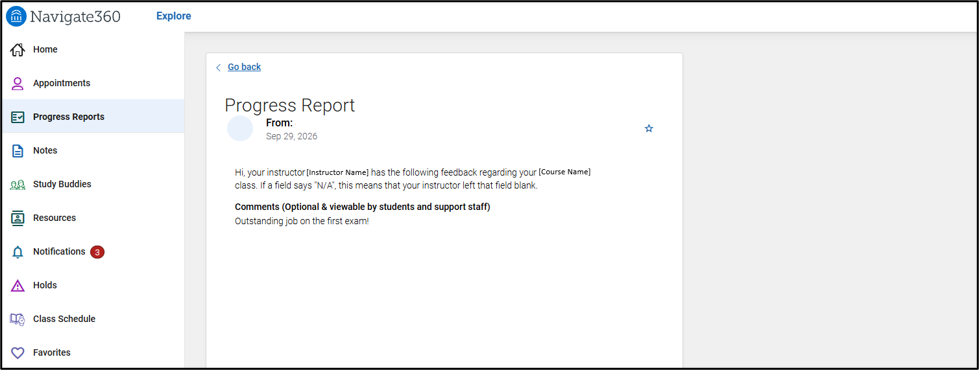 Navigate 360 Student Desktop site displaying a progress report including the message and faculty comments.