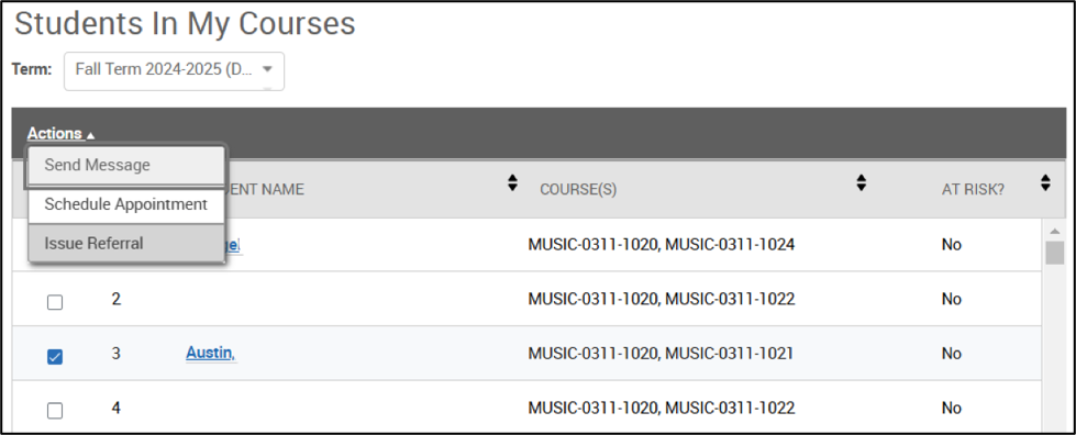 Screenshot of “Students In My Courses” dashboard in Pathways, displaying student names, enrolled courses, with open Actions menu offers Send Message, Schedule Appointment, and Issue Referral options.