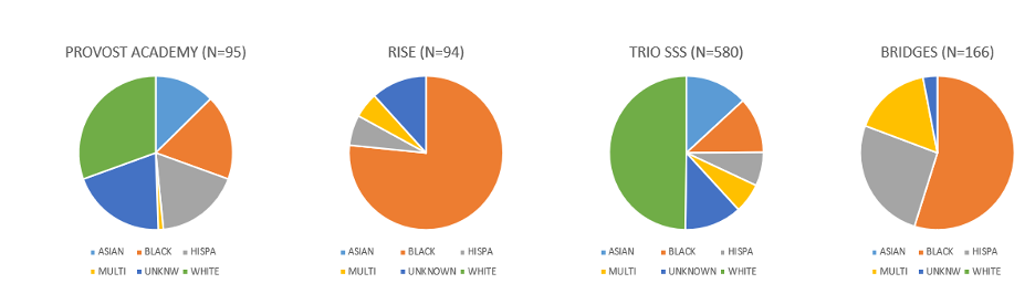 Stacked bar chart showing at-promise student program participation by racial and ethnic group across four programs (TRIO SSS, RISE, BRIDGES, Provost Academy), 2019. Black and Hispanic students participated at higher rates (38% and 19% respectively), while Asian and White student participation was lower (4% and 2%).