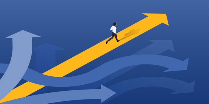 Blue arrows swerve to left and right while a figure of a person walks confidently forward on a golden arrow that points upward at an angle.