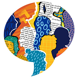 Year of Discourse and Dialogue icon shows a mix of sillhouettes and printed matter enveloped by a quote bubble.