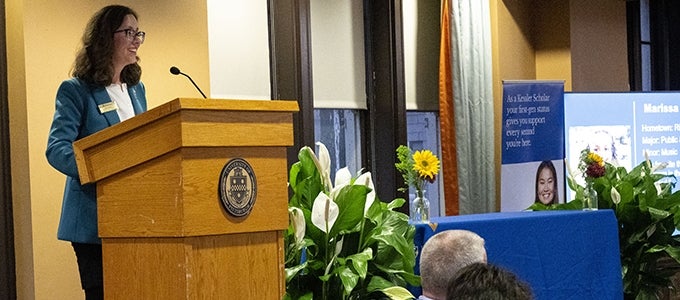 April Belback speaking at Kessler Scholars ceremony