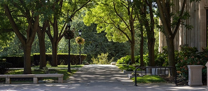 shaded walkway outside Cathedral of Learning