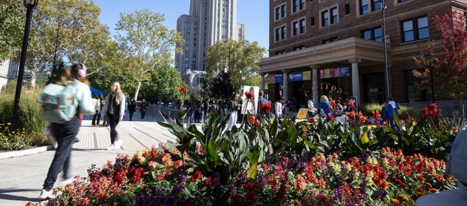 students walking in William Pitt Union plaza