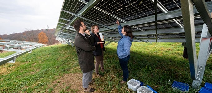Pitt staff examining Gaucho Solar Project installation